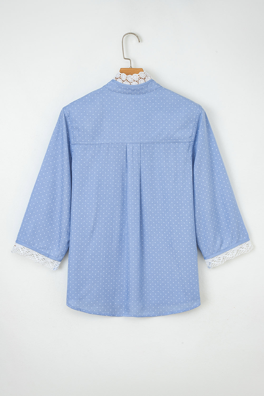 Beau Blue Lace Trim Patchwork Dotted Print Collared Denim Blouse