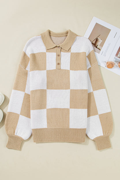 Mist Green Checkered Pattern Polo Collar Loose Sweater