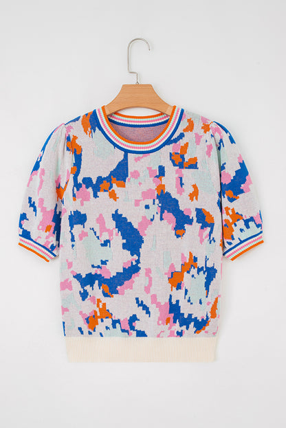 Apricot Abstract Pattern Knit Contrast Striped Trim Short Sleeve Sweater