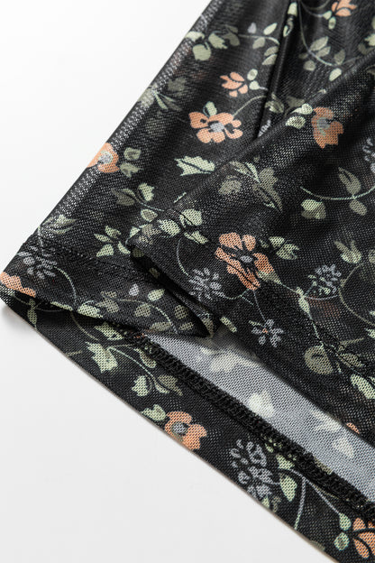 Black Floral Print Mesh Tank Button Front Slim Cardigan 2pcs Set