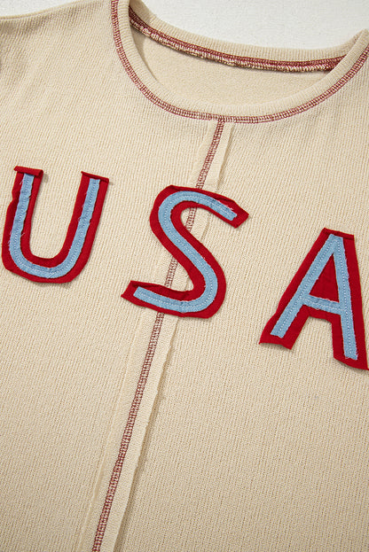 Beige USA Star Contrast Patchwork Exposed Seam Long Sleeve Top