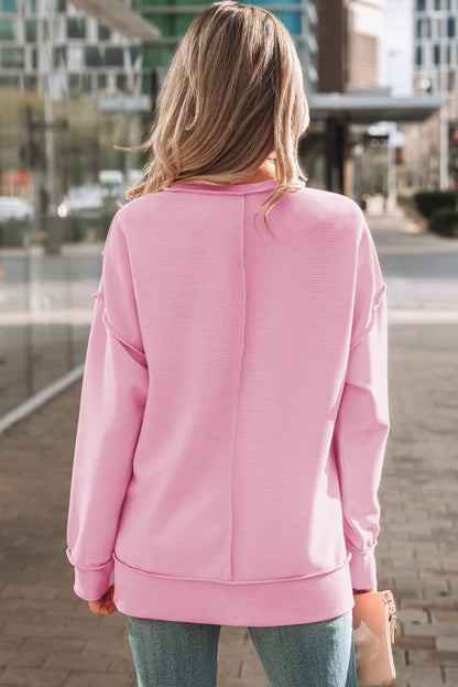 Pink Horizontal Ribbed Exposed Seam Detail Drop Shoulder Baggy Pullover
