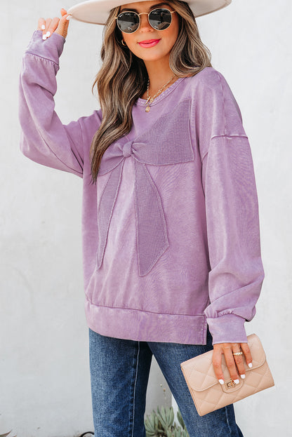 Bright Pink Mineral Wash Big Bow Patchwork Pullover Sweatshirt