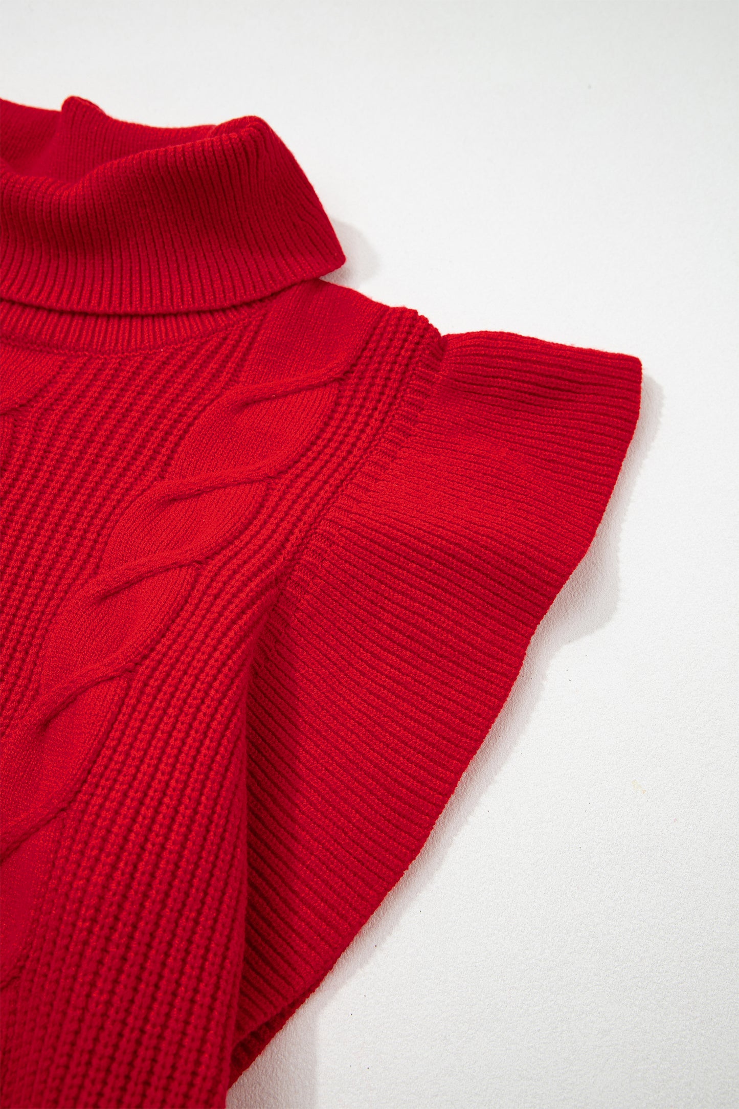 Tomato Red Cable Knit Turtleneck Ruffled Short Sleeve Sweater