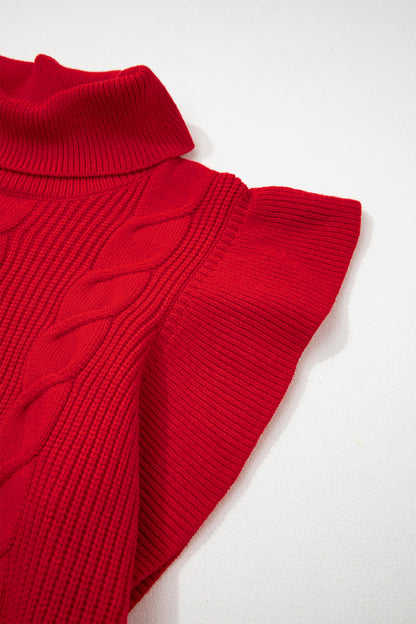 Tomato Red Cable Knit Turtleneck Ruffled Short Sleeve Sweater