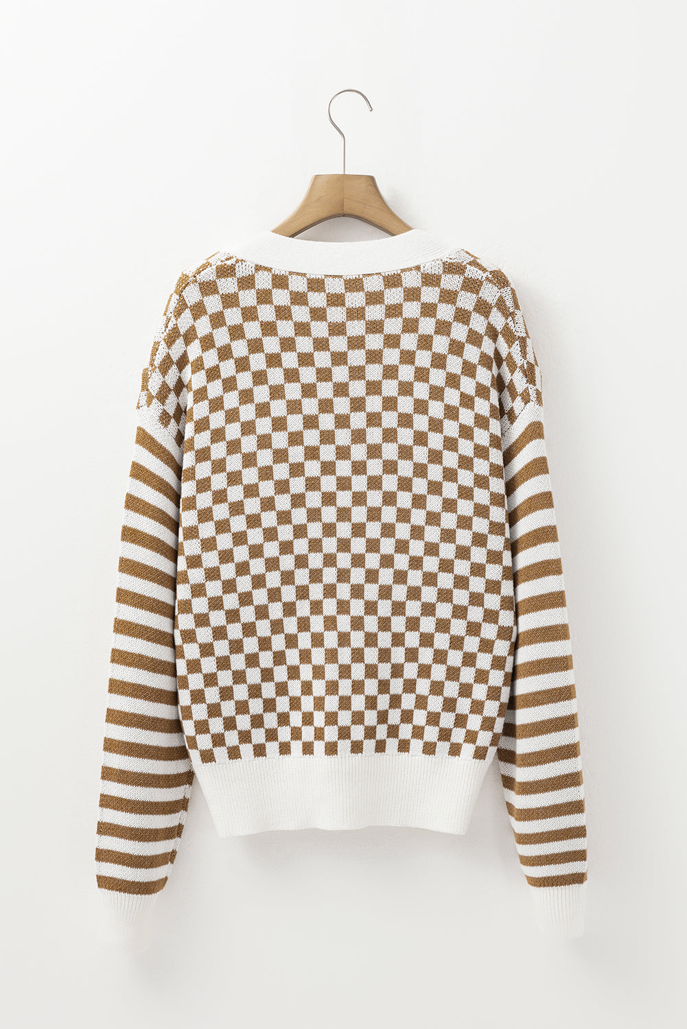 Brown Checkered Striped Patched Buttoned V Neck Cardigan
