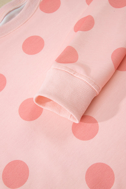 Beige Polka Dot Print Drop Shoulder Pullover Drawstring Shorts Set