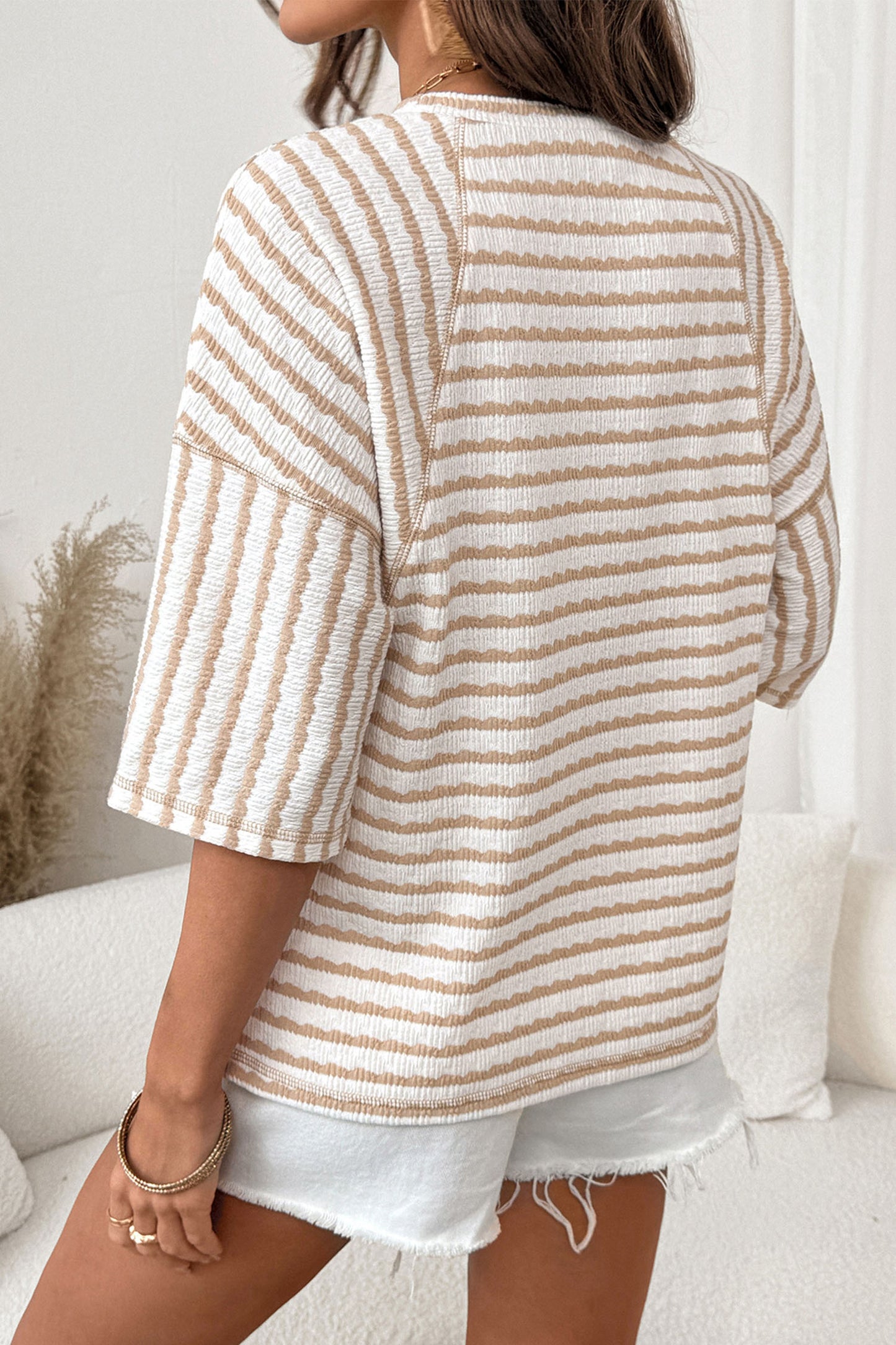 Apricot Stripe Textured Knit Split Hem Half Sleeve Loose Top
