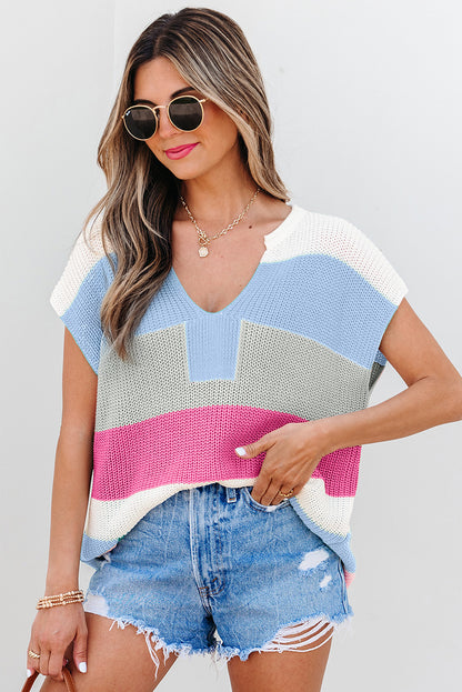 Pink Color Block Notch V Neck Sweater T Shirt