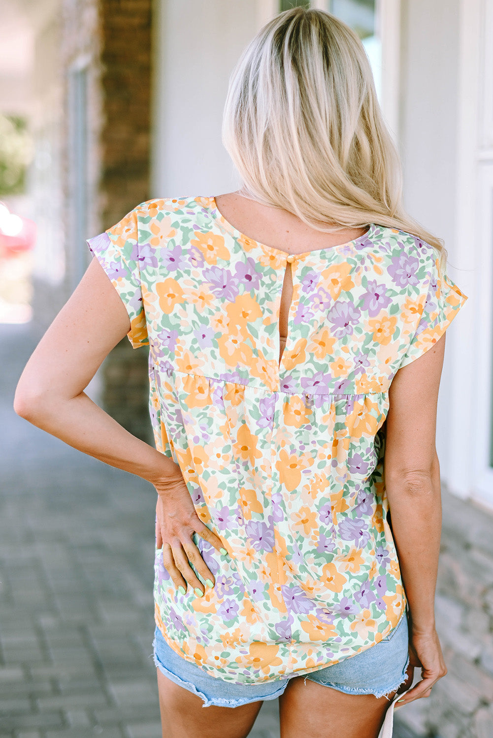 Yellow Floral Print Keyhole Back Short Sleeve Babydoll Blouse
