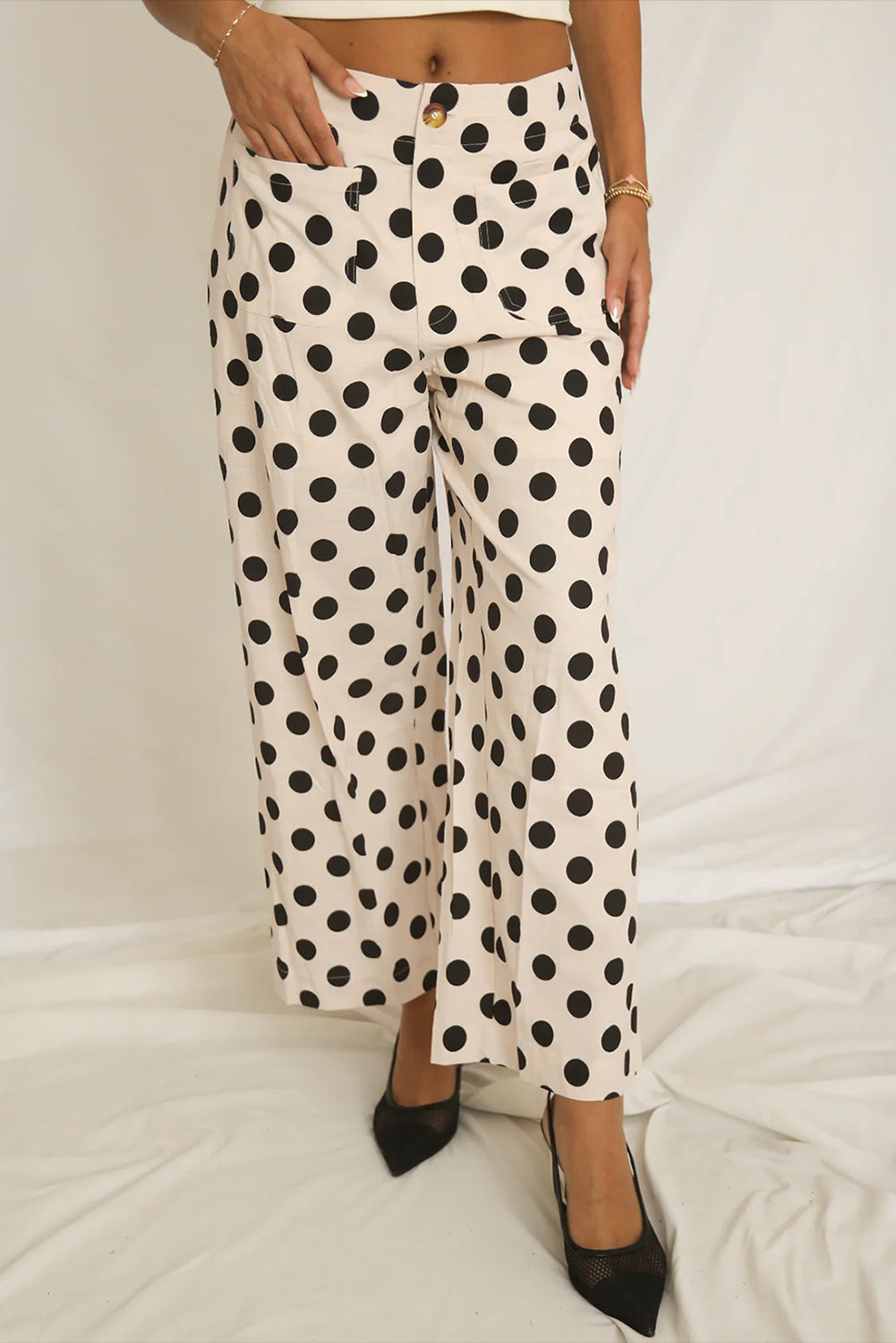 White Polka Dot Print Patched Pocket Loose Pants