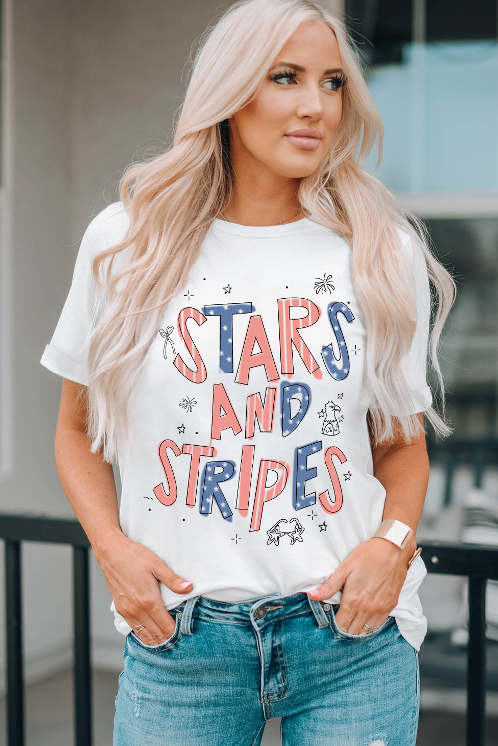 White STARS AND STRIPES Crew Neck Graphic Tee