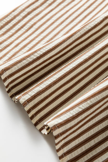 Brown Stripe Ricrac Trim Short Puff Sleeve Leopard Patchwork Collar V Neck Blouse