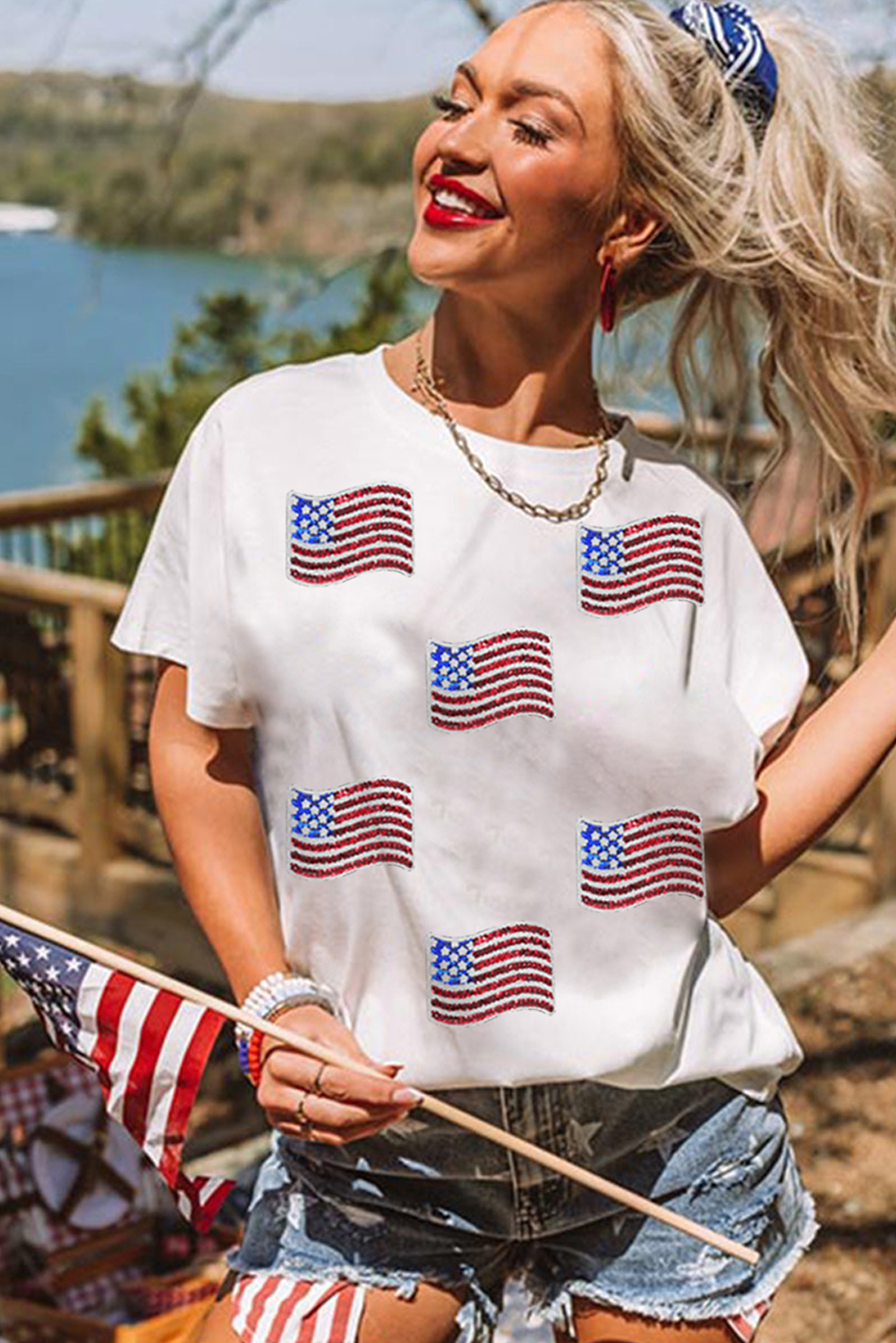 White Sequin American Flag Patched Casual T Shirt