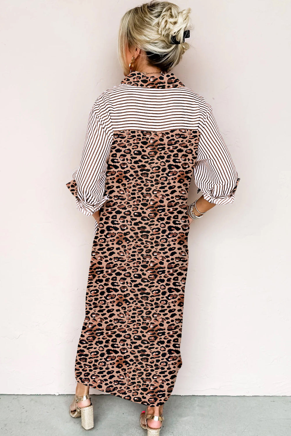 Sky Blue Stripe Contrast Leopard Patchwork Long Shirt Dress with Slits