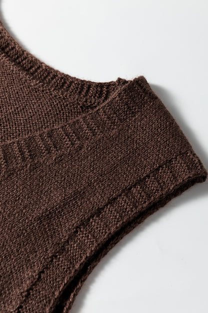 Dark Brown Ribbed Deep V Neckline Front Pocketed Loose Tunic Sweater Vest