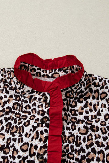 Khaki Contrast Frilled V Neck Trimmed Leopard Shirt