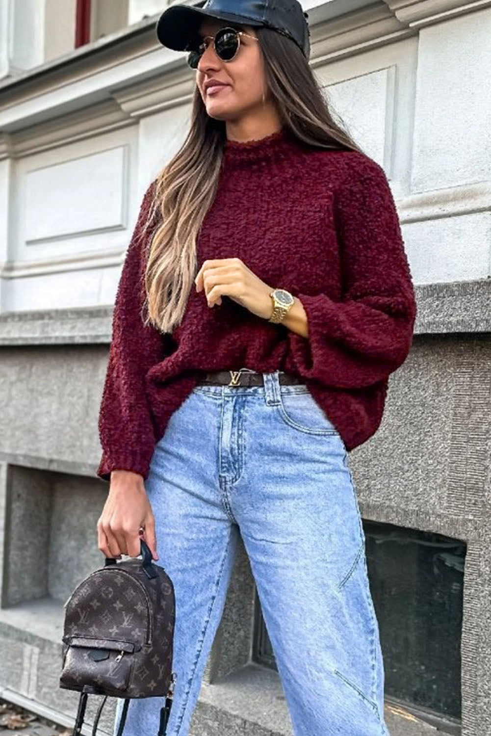 Burgundy Popcorn Mock Neck Solid Sweater