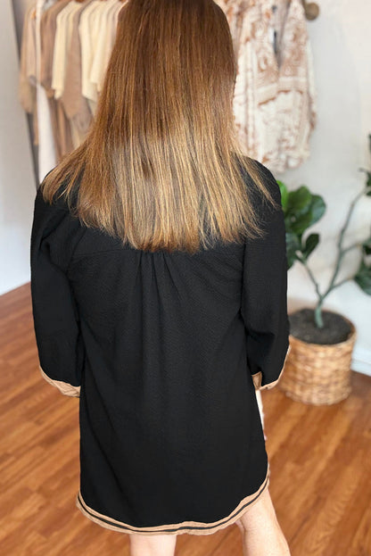 Black Plus Size Color Block Striped Trim V Neck Long Sleeve Shift Mini Dress