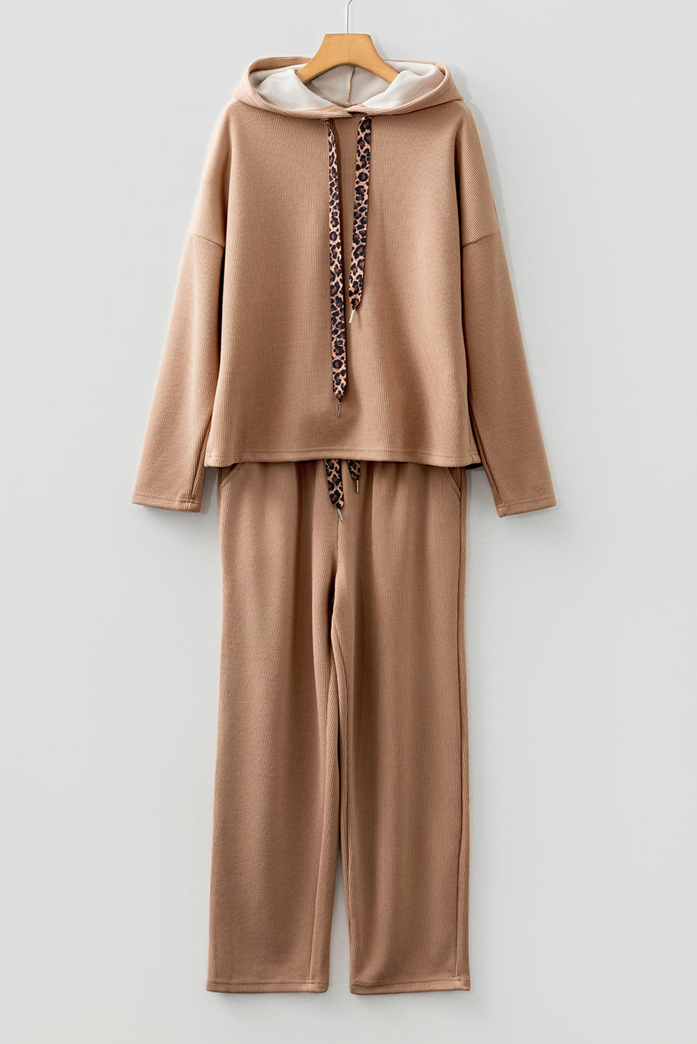 Dark Khaki Leopard Drawstring Pullover Hoodie and High Waist Pants Corduroy Suit