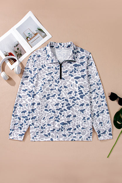 Multicolour Plus Camouflage Print Quarter Zip Kangaroo Pocket Pullover Sweatshirt
