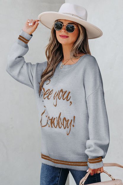 Peach Blossom See You Cowboy Embroidered Western Graphic Sweater