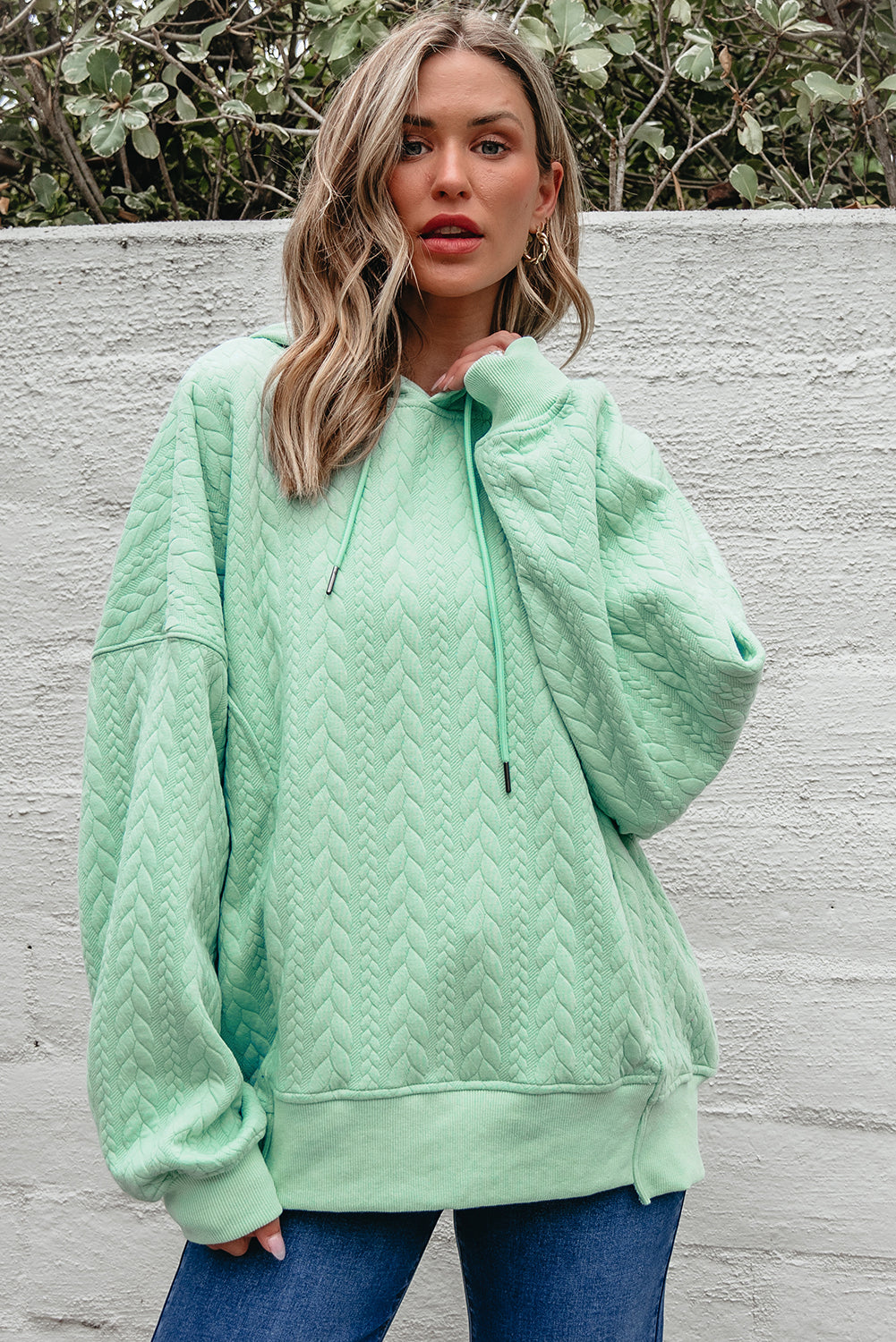 Moonlight Jade Cable Textured Baggy Solid Hoodie