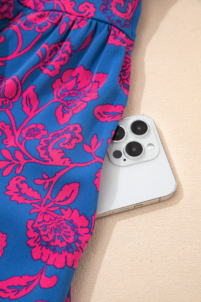 Blue Floral Print Twisted V Neck Tied Backless Maxi Dress