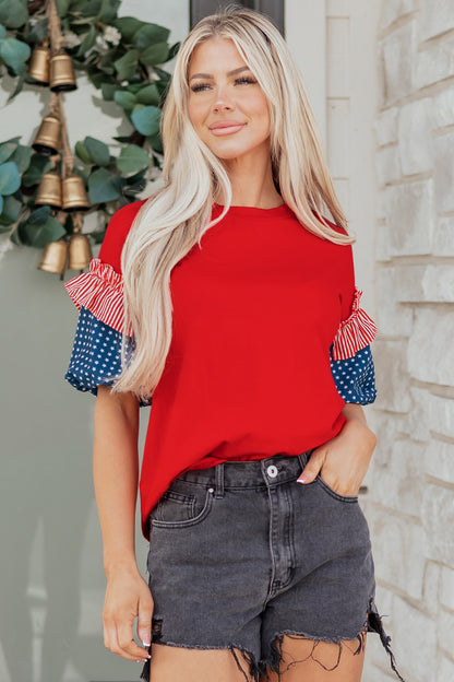 Fiery Red Stars Stripes Short Puff Sleeve Top
