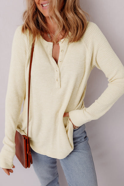 Oatmeal Textured Knit Half Buttons Henley Top