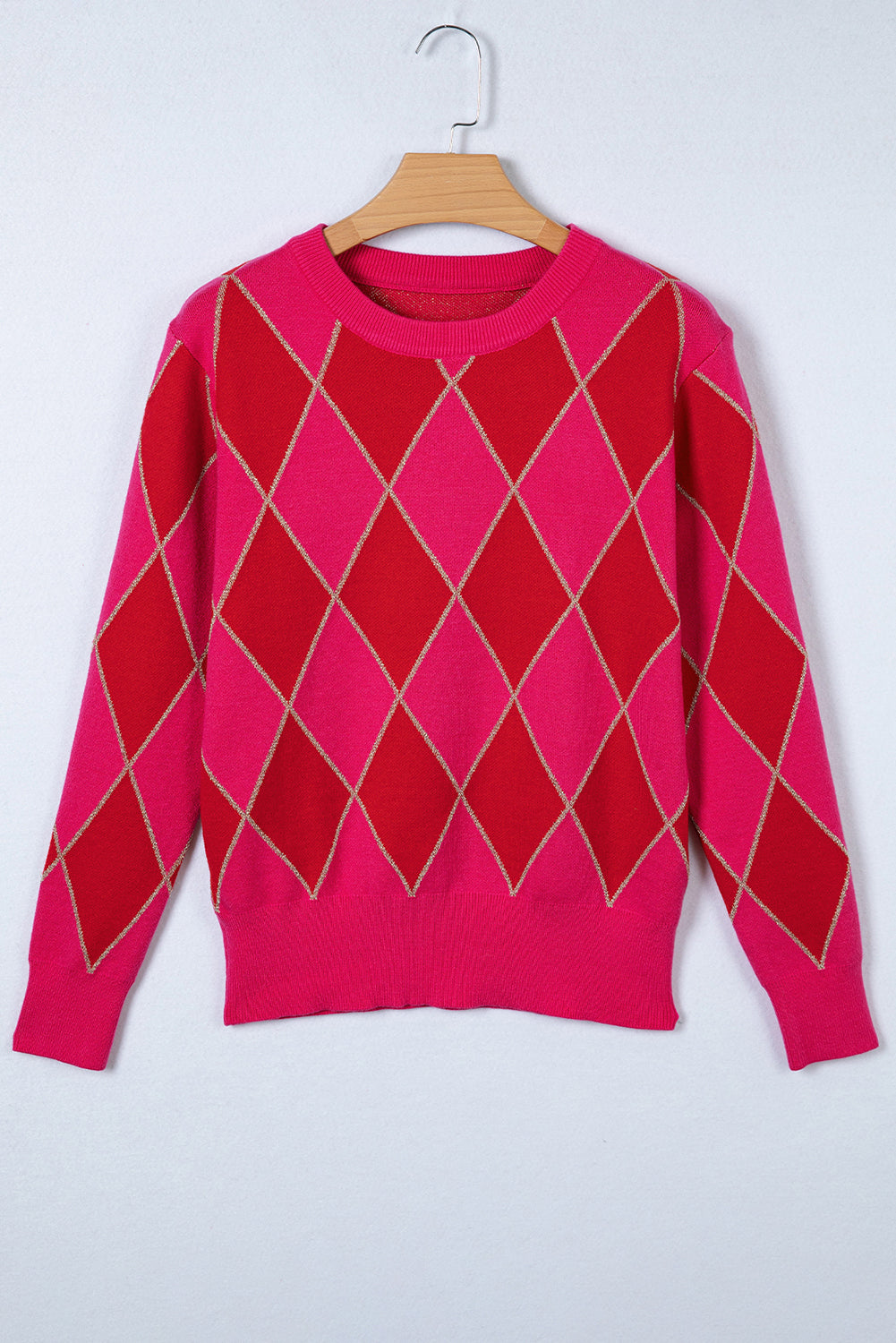 Rose Red Glitter Rhombus Pattern Knit Womens Casual Sweater
