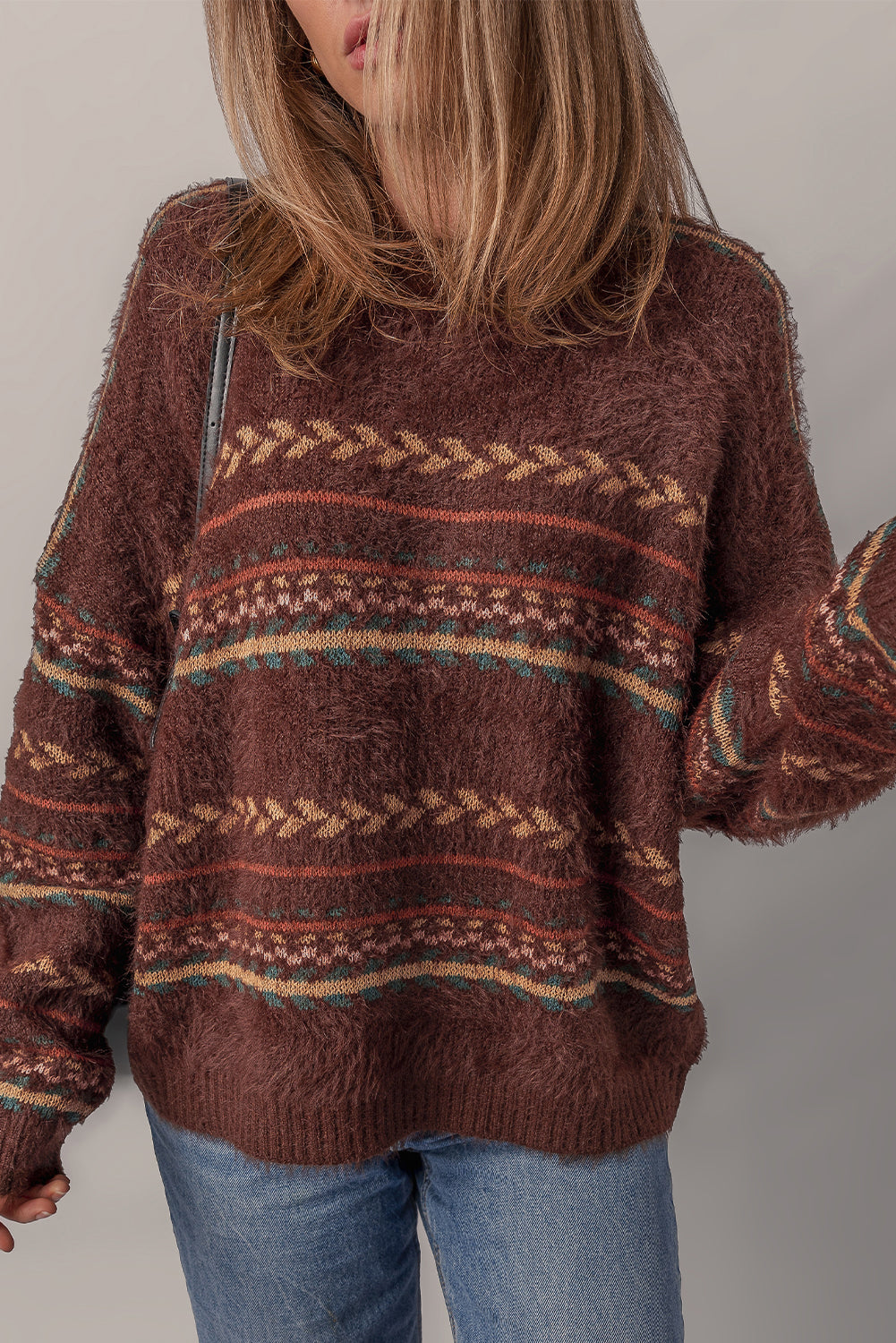 Brown Ethnic Pattern Mohair Knitted Drop Shoulder Sweater