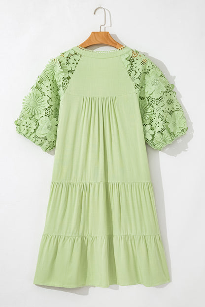 Laurel Green Floral Crochet Short Sleeve Notch V Neck Tiered Plus Size Mini Dress