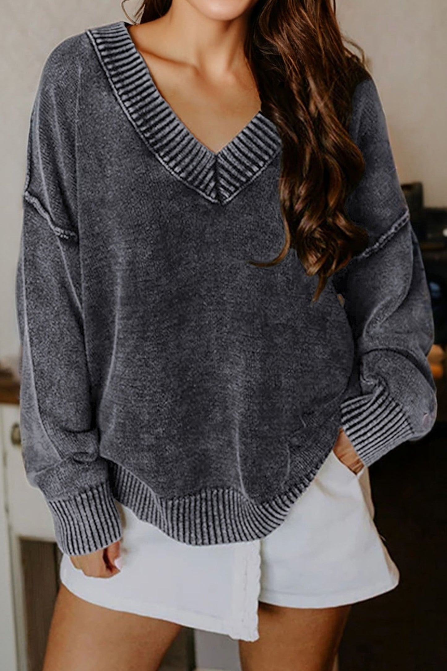 Black Mineral Wash V Neck Knit Exposed Seam Drop Shoulder Loose Sweater