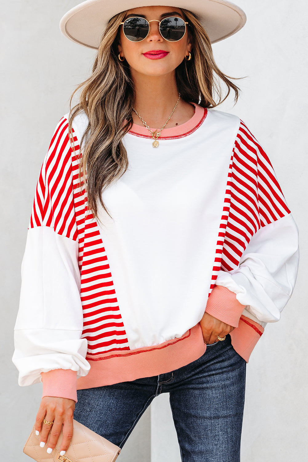 Red Stripe Colorblock Patchwork Contrast Stitching Oversize Sweatshirt