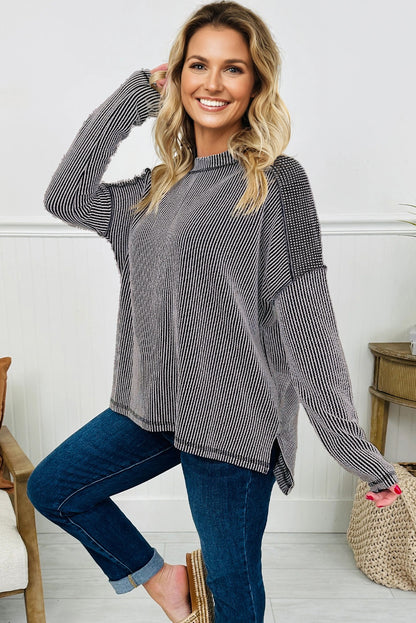 Dark Khaki Twist Ribbed Exposed Seam Detail Long Sleeve Loose Top