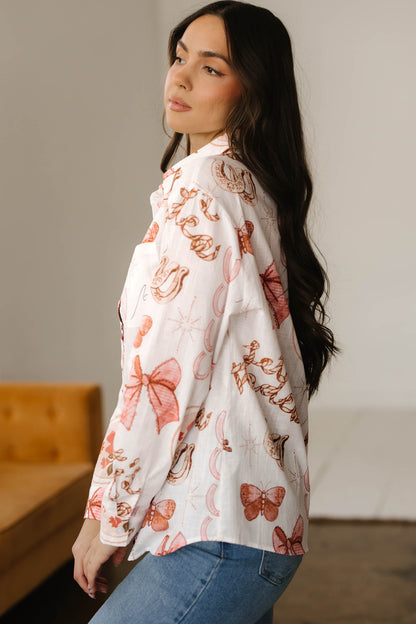 White Rodeo Cowgirl Print Western Button up Shirt