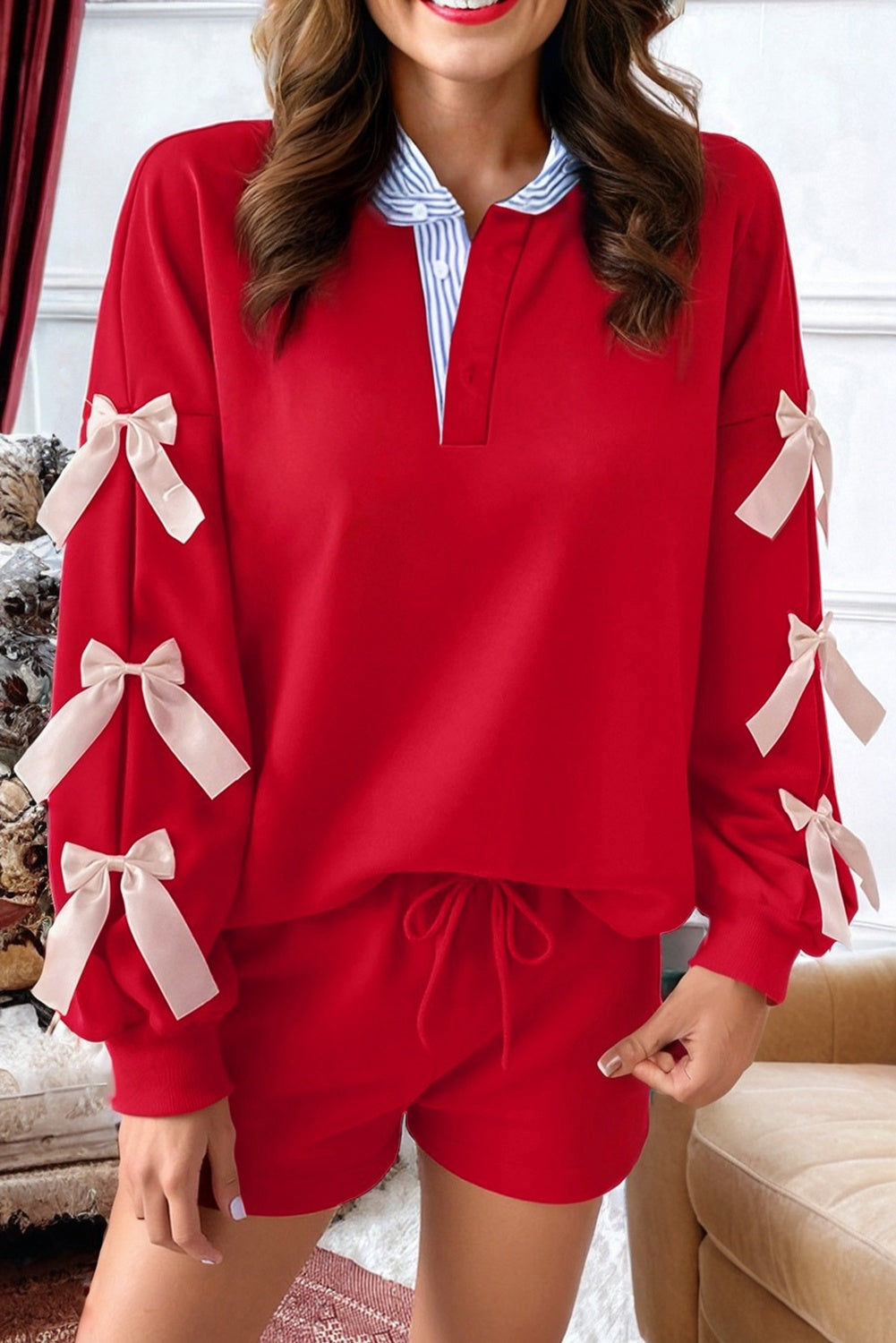 Racing Red Striped Collar Patchwork Satin Bow Sweatshirt and Shorts Set