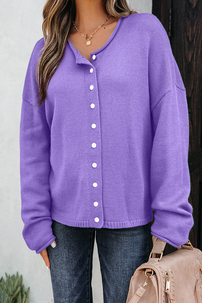 Wisteria Solid Color Knit Button Drop Shoulder Sweater Cardigan