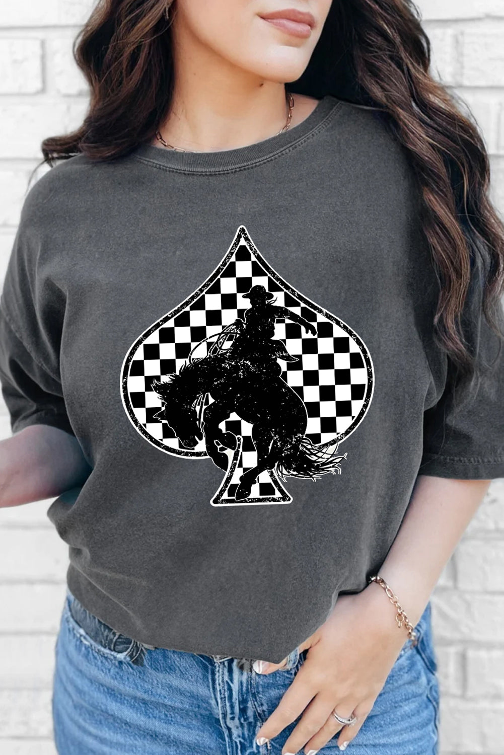 Gray Redeo Check Spades Western Graphic T Shirt