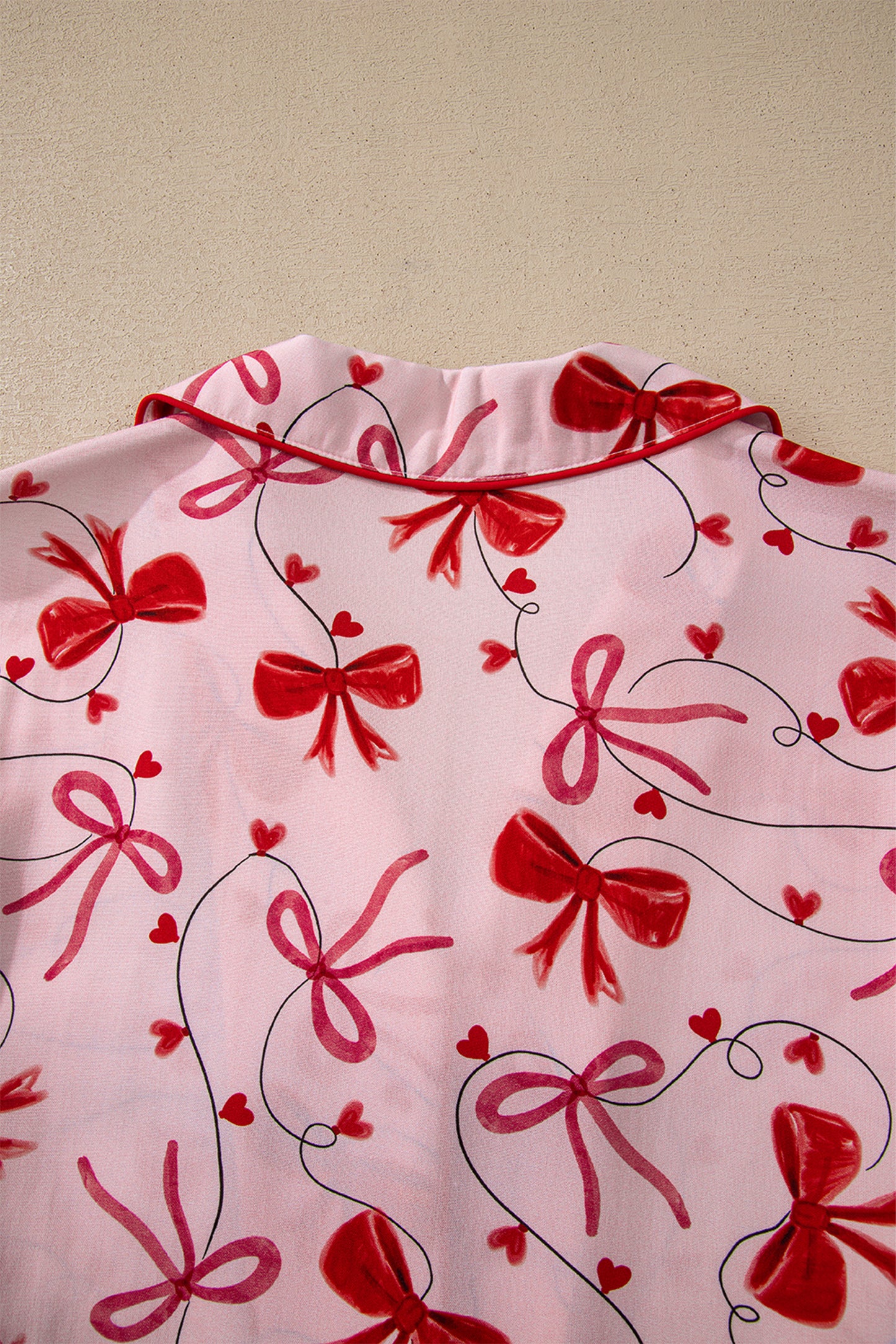 Red Bow Print Valentine Long Sleeve Shirt Shorts 2 Pcs Pajama Set