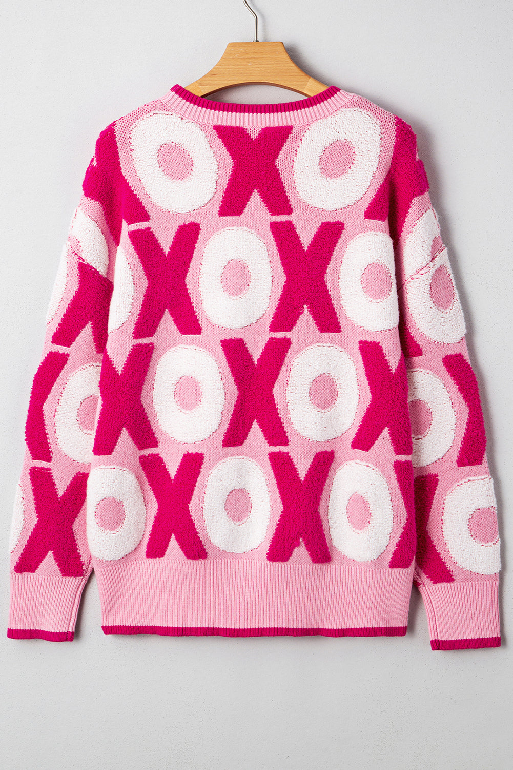 Pink XOXO Pattern Drop Shoulder Crewneck Valentines Sweater