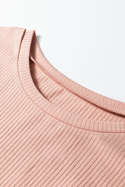 Dusty Pink Solid Color Ribbed Ruffled Short Sleeve T Shirt
