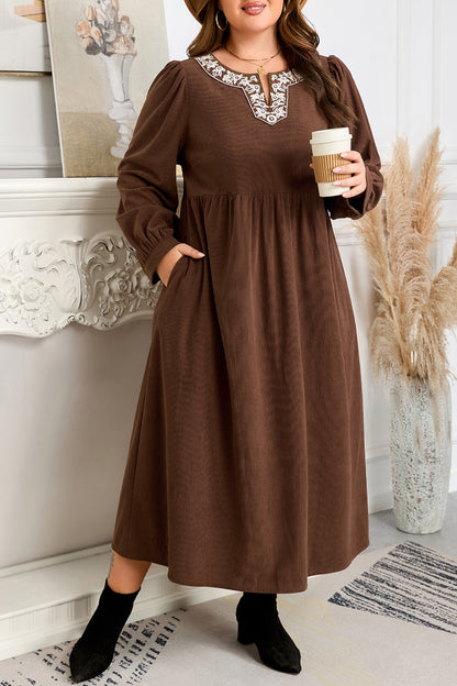Coffee Embroidered Notched Neckline Textured Pleated High Waist Plus Size Midi Dress