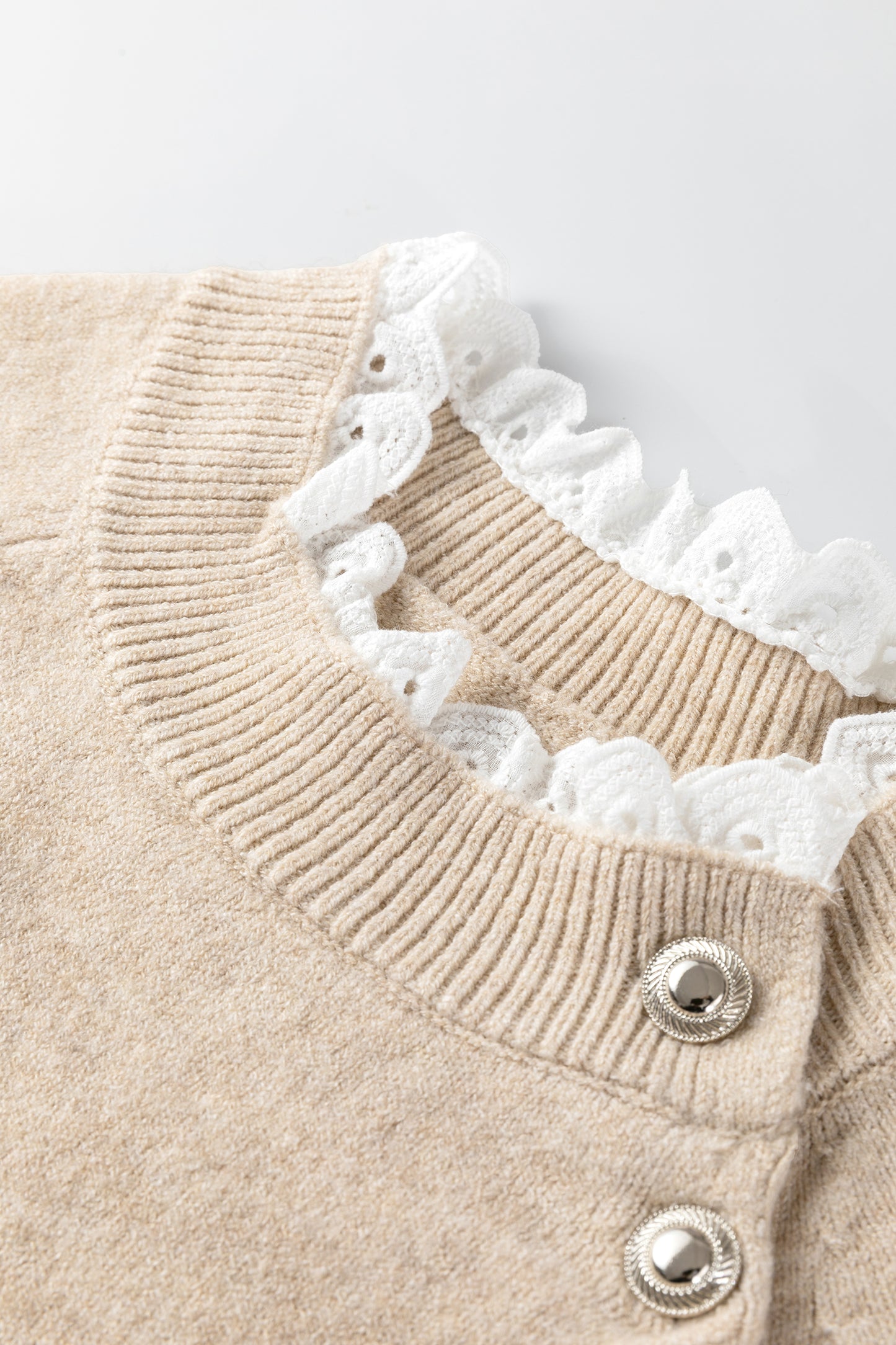 Parchment Button Lace Detail Raglan Sleeve Shift Mini Sweater Dress