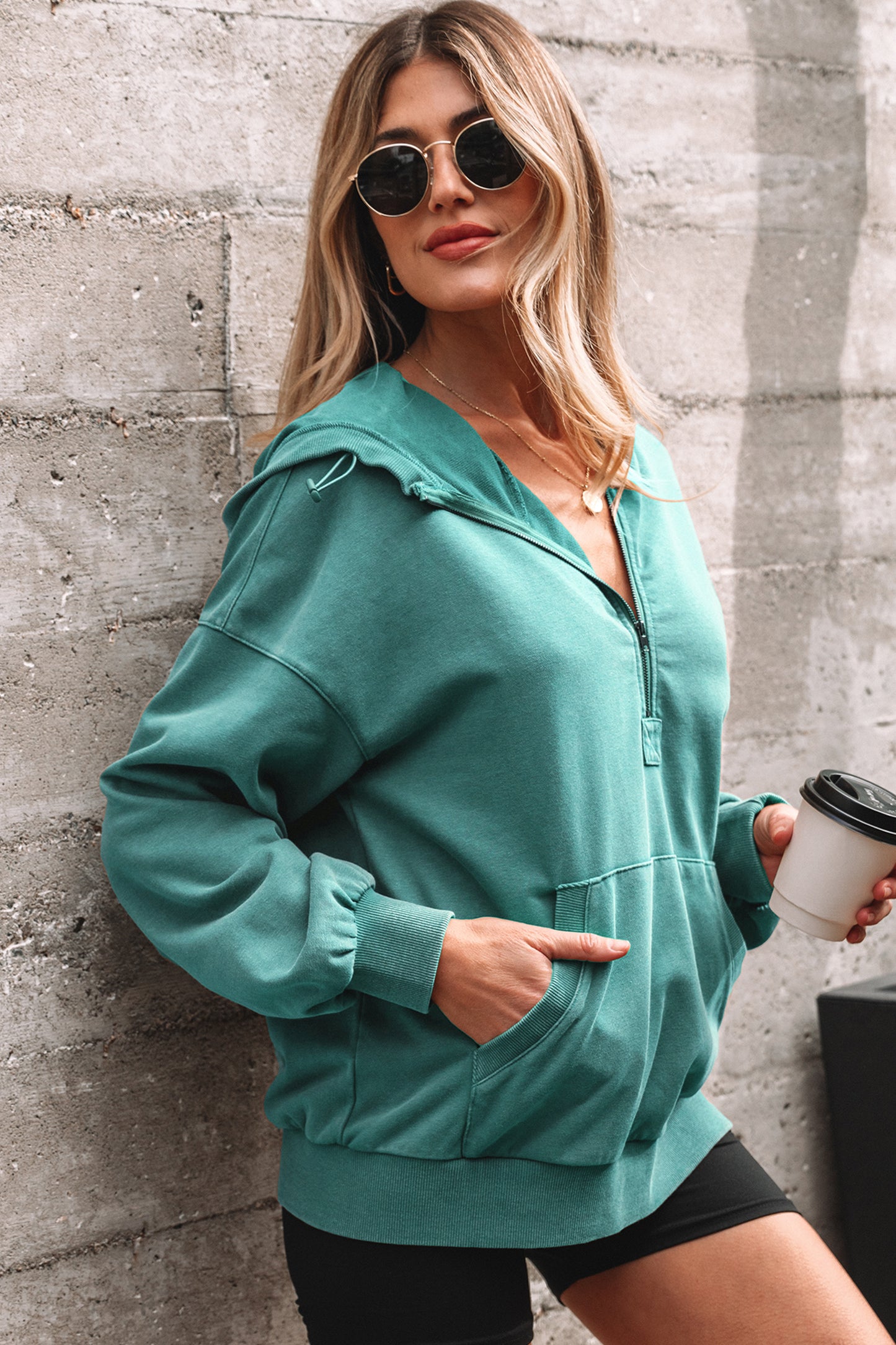 Ashleigh Blue Half Zip Kangaroo Pocket Mineral Wash Baggy Hoodie