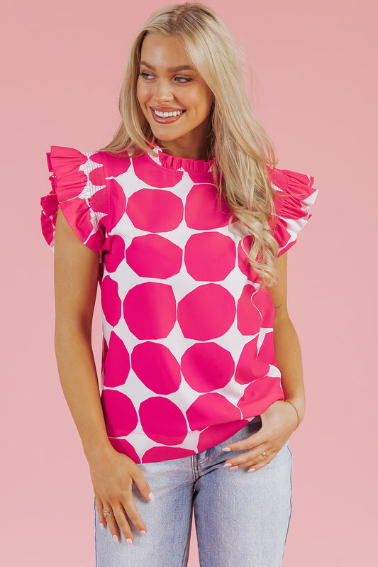 Rose Bubblegum Pattern Frilled Collar Flutter Sleeve Top