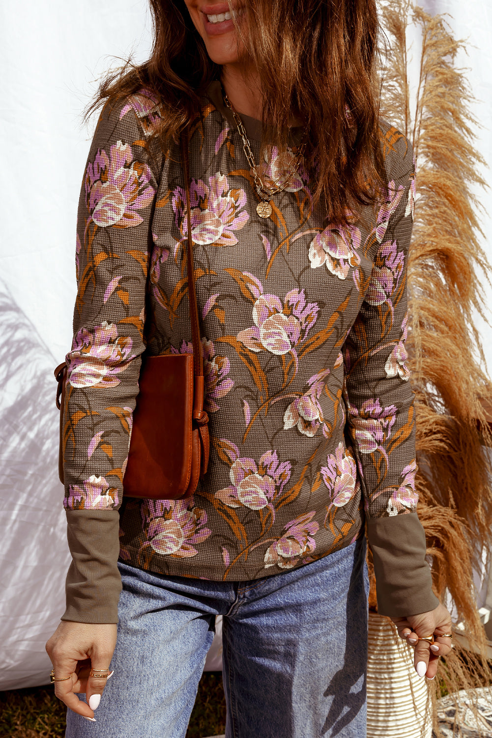 Brown Floral Print Waffle Textured Long Sleeve Top