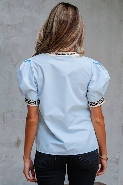 Buckskin Contrast Leopard Trim Split Neck Puff Sleeve Blouse