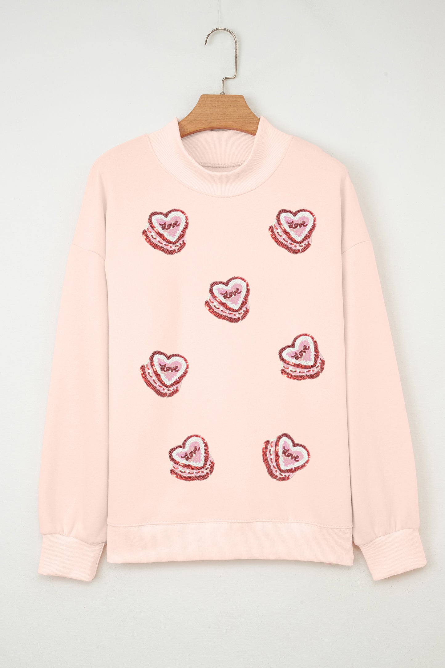 Light Pink Sequin Heart Patched Love Cake Mock Neck Sweatshirt